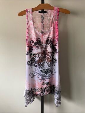 Temptation Italy Lace Rhinestone Pink Sharkbite Tank Top Tunic Y2K 2000s Mcbling